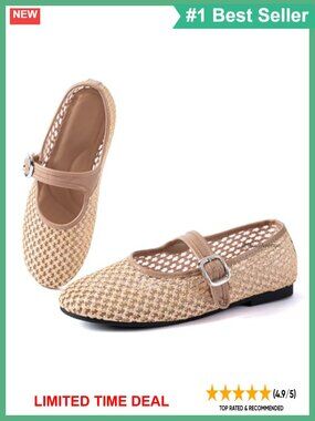 Woven Mesh Ballet Flats Mary Jane Buckle Round Toe Breathable Slip-On Shoes
